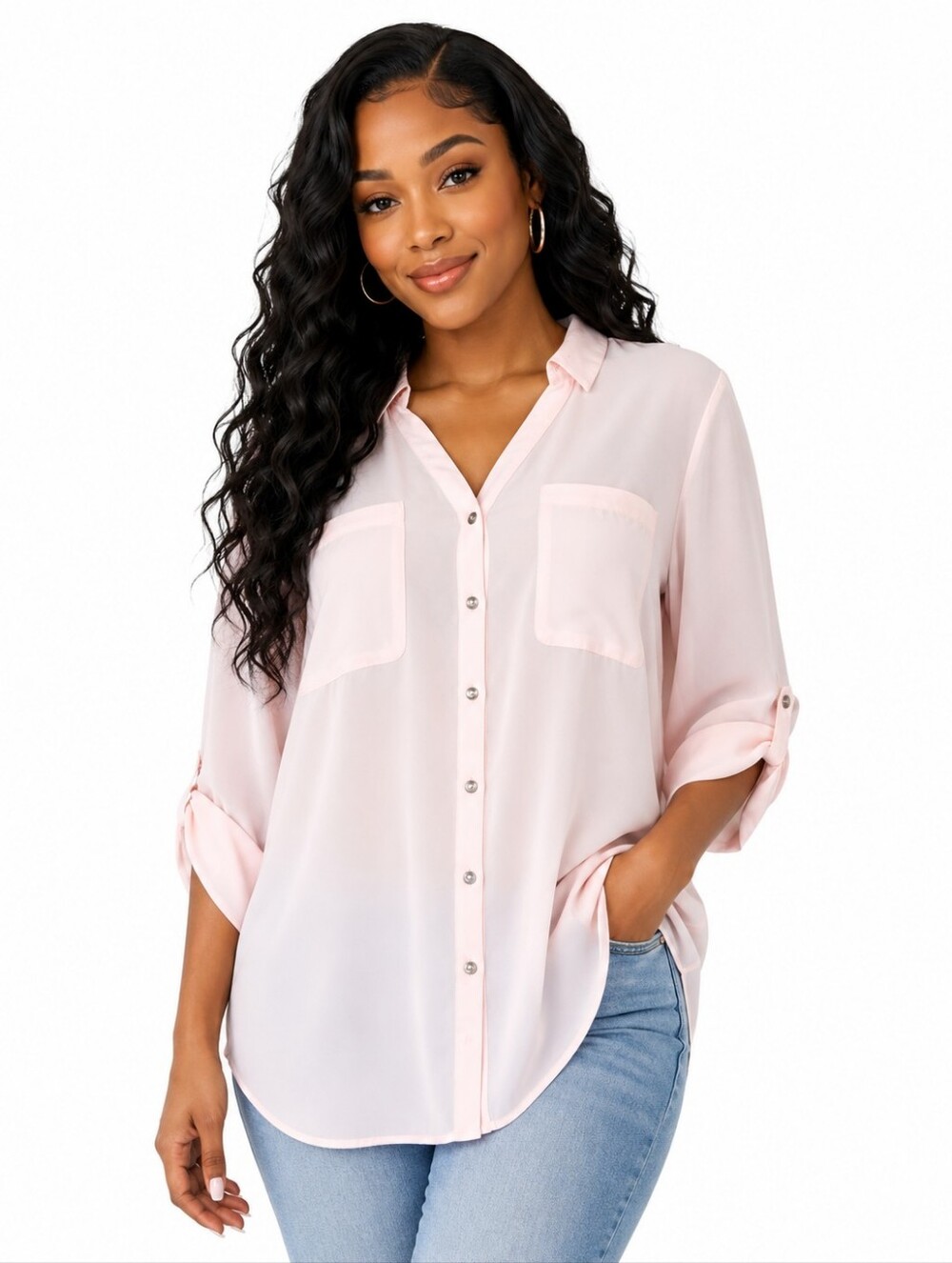Soft Blush Pink Button-Front Blouse